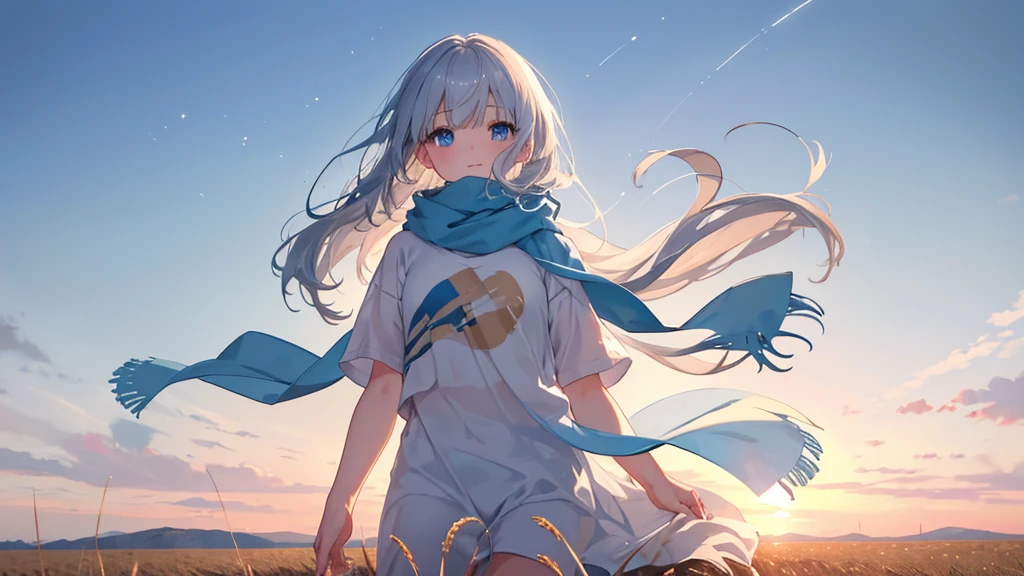 masterpiece, Highest quality, Very accurate, Full HD, Field, 1 Girl, Long Hair, Gray Hair, bangs, (Light blue eyes), Wearing an oversized white T-shirt, Floating shirt, Floating Hair, Blue scarf, In the wheat field, sunset , Gradient Sky, shooting star, Milky Way