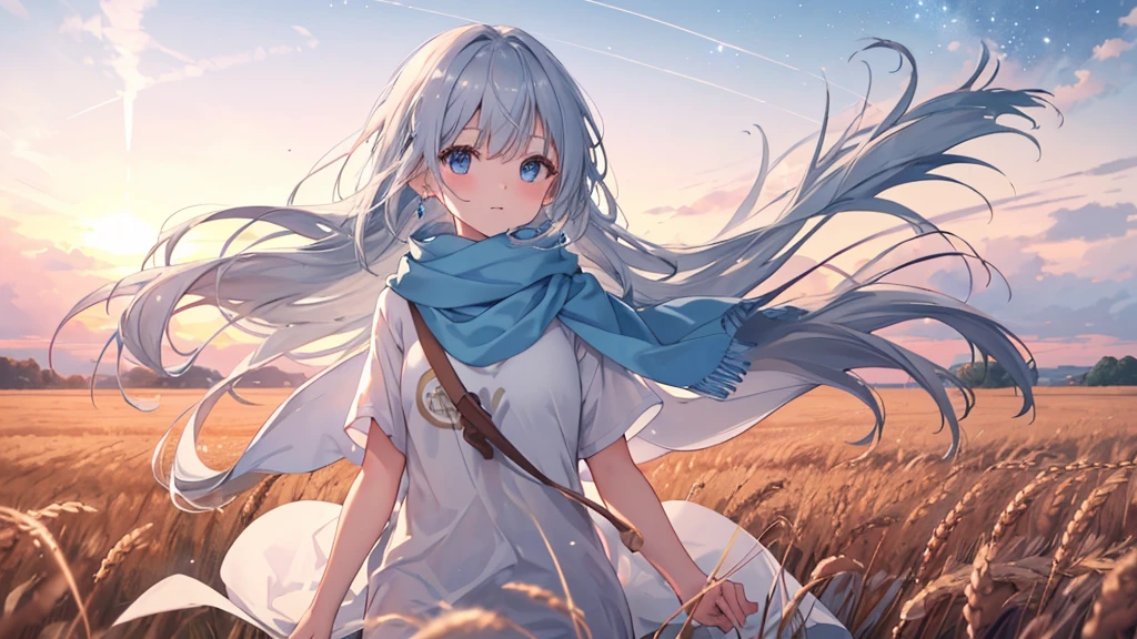 masterpiece, Highest quality, Very accurate, Full HD, Field, 1 Girl, Long Hair, Gray Hair, bangs, (Light blue eyes), Wearing an oversized white T-shirt, Floating shirt, Floating Hair, Blue scarf, In the wheat field, sunset , Gradient Sky, shooting star, Milky Way