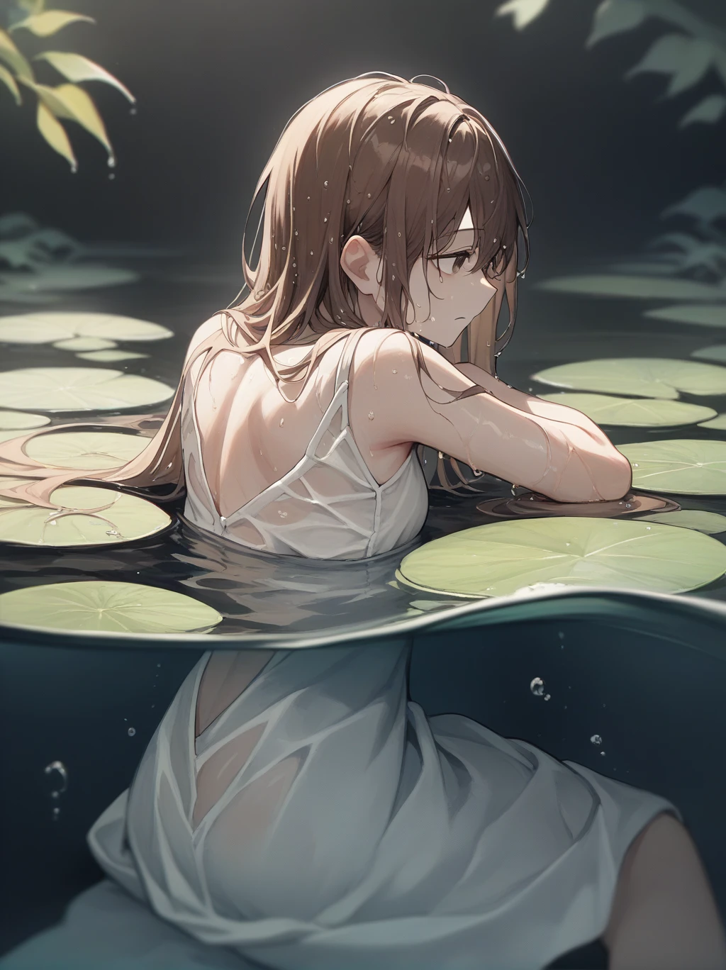 score_9, score_8_superior, score_7_superior, score_6_superior, sauce_anime, Partially underwater, 
One girl, Long Hair, Brown Hair, Wet Hair,
White Dress, Swamp,
Dark Background, Blurred Edges,