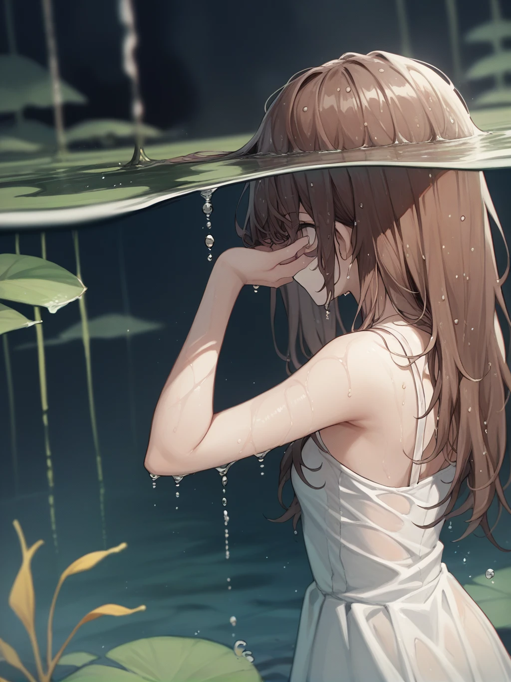 score_9, score_8_superior, score_7_superior, score_6_superior, sauce_anime, Partially underwater,
One girl, Long Hair, Brown Hair, Wet Hair,
White Dress, Swamp,
Dark Background, Blurred Edges,