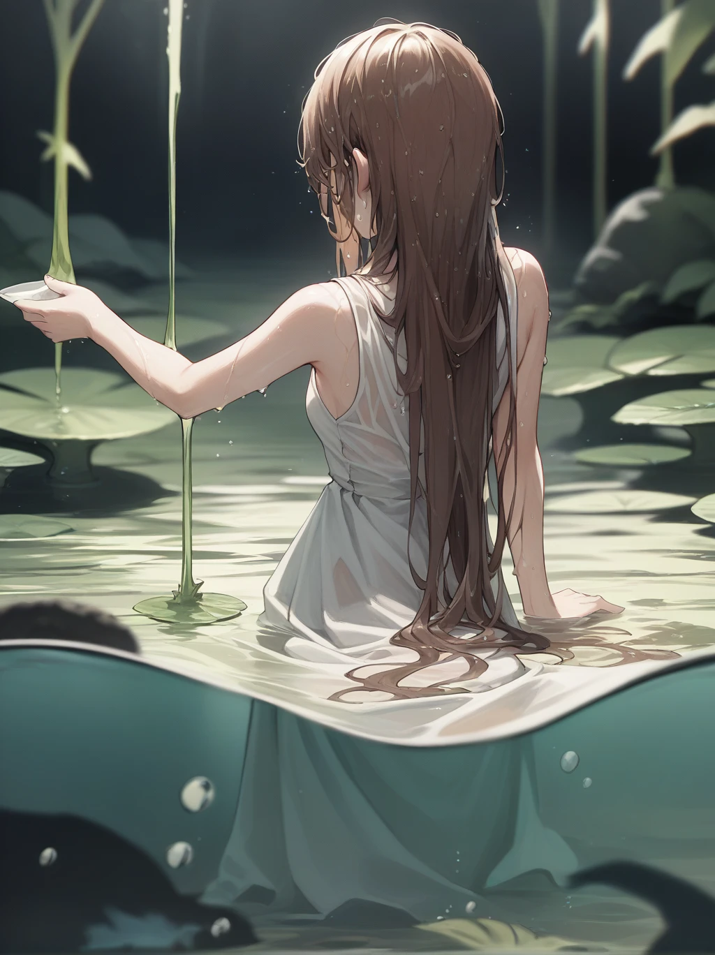 score_9, score_8_superior, score_7_superior, score_6_superior, sauce_anime, Partially underwater,
One girl, Long Hair, Brown Hair, Wet Hair,
White Dress, Swamp,
Dark Background, Blurred Edges,