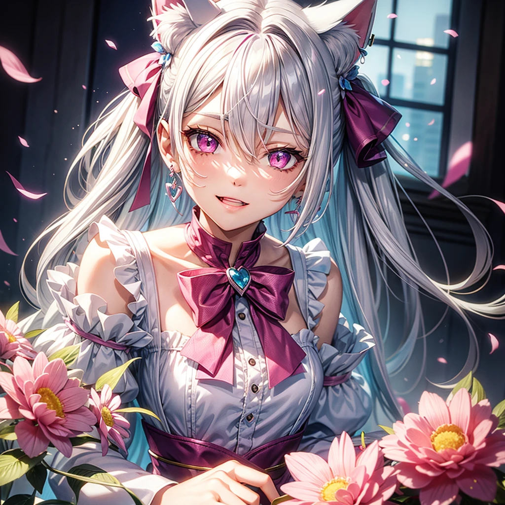 Silver hair, pink eyes, body, cat ears, sexy girl, earrings, flower background,pink blue uniform, hair bows, happy face