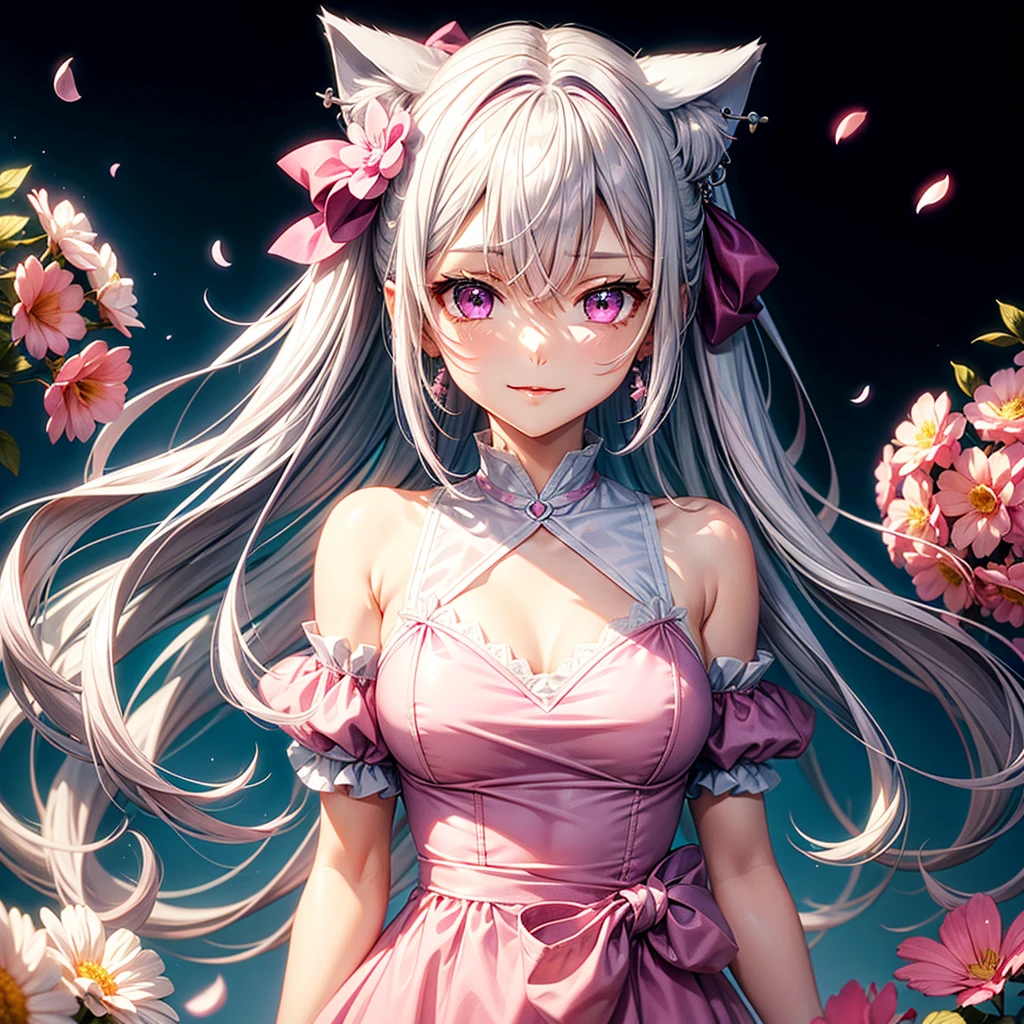 Silver hair, pink eyes, body, cat ears, sexy girl, earrings, flower background,pink blue uniform, hair bows, happy face