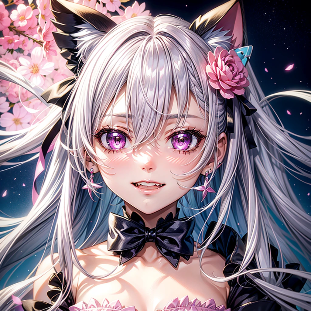 Silver hair, pink eyes, body, cat ears, sexy girl, earrings, flower background,pink blue uniform, hair bows, happy face