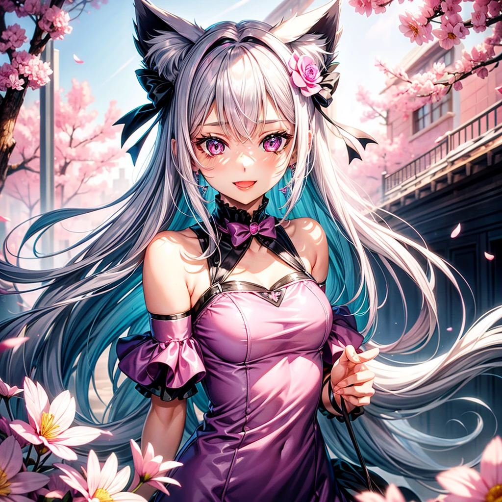 Silver hair, pink eyes, body, cat ears, sexy girl, earrings, flower background,pink blue uniform, hair bows, happy face