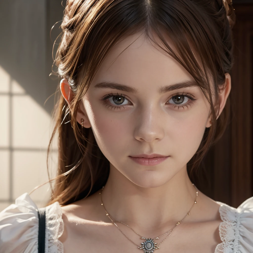 ((detailed、highest quality、8k、masterpiece:1.3))、One Woman、smile、(Brown Hair:1.2)、Beautiful Ukrainian woman:1.3、(Casual Hairstyles、Small breasts:1.2)、in house、Super detailed Face、detailedな目、double eyelid、(Gothic Lolita:1.2)、(White Tight Corset:1.2)、library、From below、((()))、(((Beautiful Skin)))