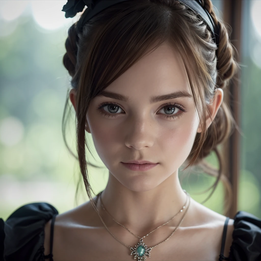Close-up of a woman wearing a necklace and chalk, Emma Watsonの肖像画, Emma Watsonの肖像, clear Emma Watsonの肖像, Emma Watsonのポートレート写真, Highly detailed portrait, ドリアダ役のEmma Watson, with the Emma Watsonの顔, 8K Portrait Rendering, Cinematic realistic portraits, Emma Watsonの顔, High-quality portraits, Emma Watson(『Victorian Secrets』)