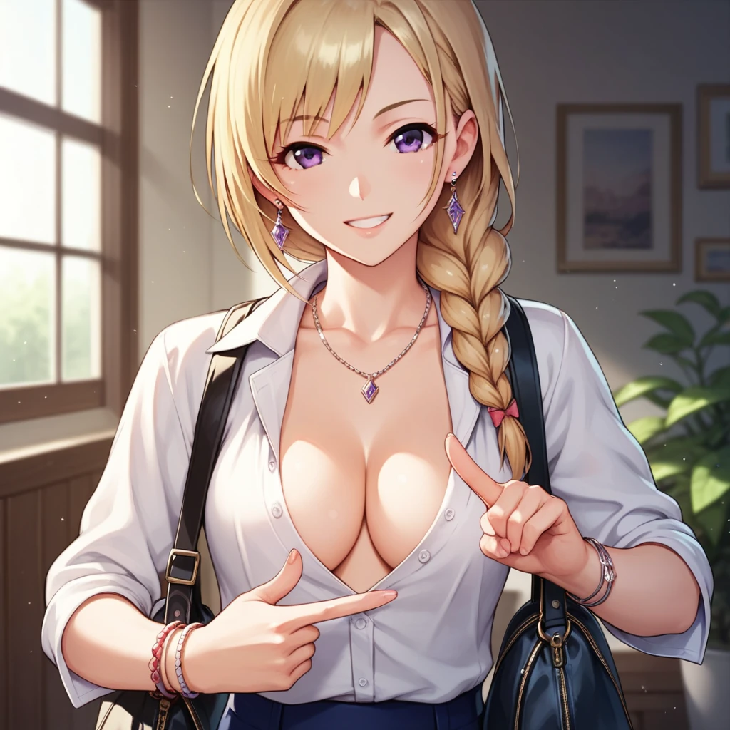 1girl, tsukasa-k, blonde hair, purple eyes, braid, bow, open shirt, cleavage, necklace, earrings, bracelet, holding bag, pointing, smile, idolmaster cinderella girls, business attire, confident, indoors, collarbone, detailed background, realistic proportions, upper body, feminine, stylish, fashionable