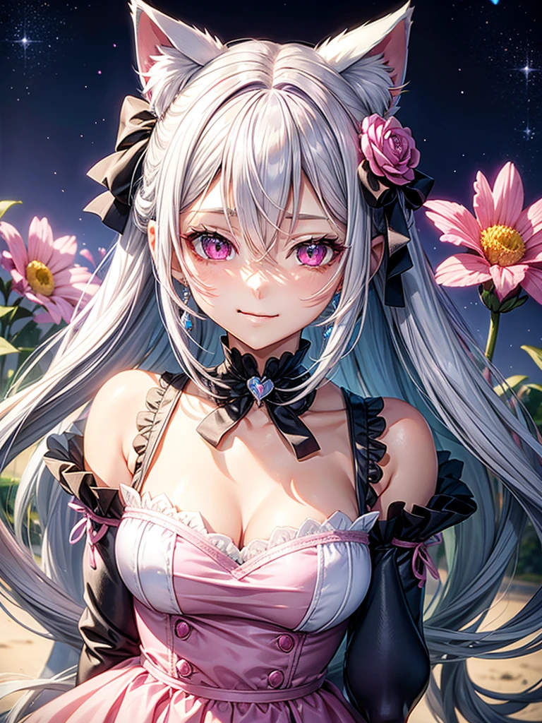 Silver hair, pink eyes, body, cat ears, sexy girl, earrings, flower sky background,pink blue uniform, hair bows, happy face