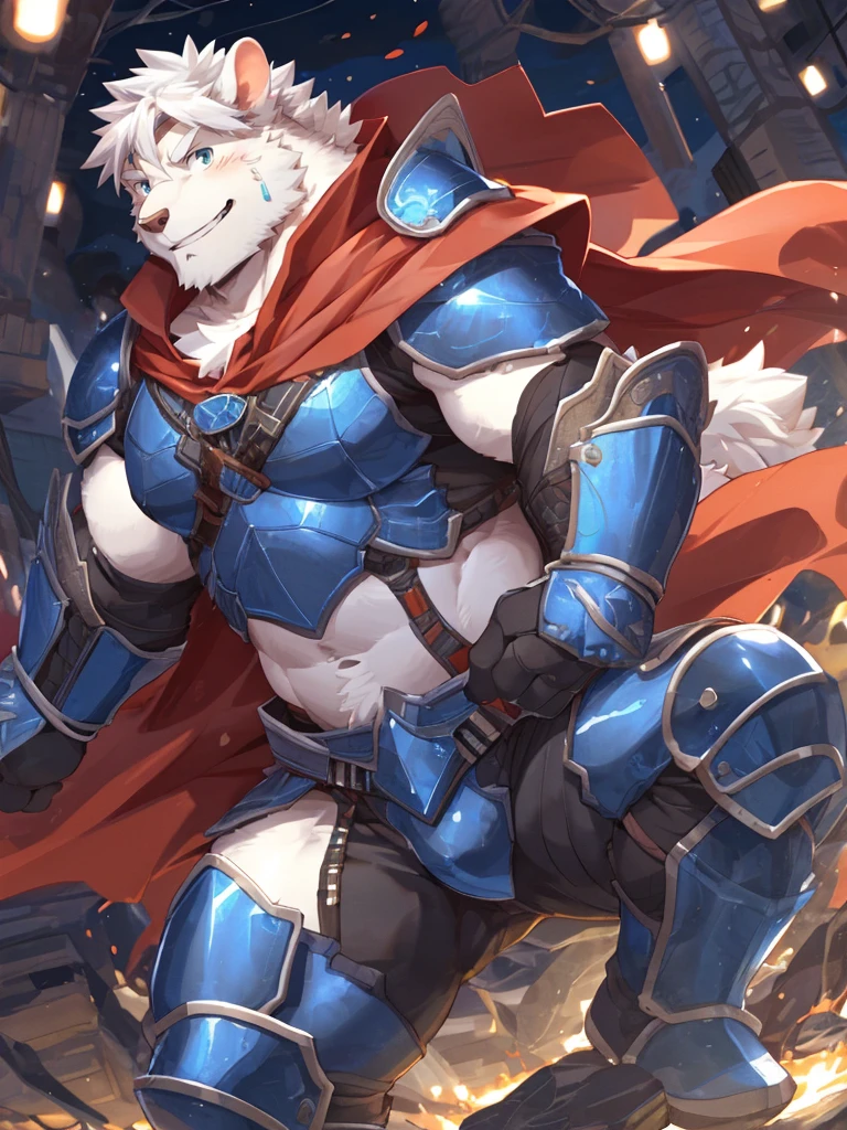 anthro, kemono, male, solo, ((oval face, very handsome face, thick beard)), ((endomorph body type, old-aged)), (high quality, highres, masterpiece), (dynamic lighting, vivid color), (generous smile), cartoon, (((a furry sheep))), (((white fur))), (((shoulder long silky white hair))), (((handsome, slim fit, small face, ikemen))), paladin, (((white sheep))), ((dark blue armor with red cape)), full body, tall, (((white smooth hair))), sword and shield, mature, dad, full armor, by zixiong, by takemoto arashi, by zixiong, (by null-ghost:0.8), (by t.y.stars:0.4)