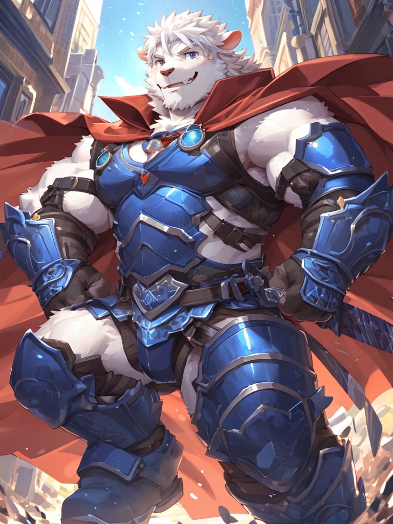 anthro, kemono, male, solo, ((oval face, very handsome face, thick beard)), ((endomorph body type, old-aged)), (high quality, highres, masterpiece), (dynamic lighting, vivid color), (generous smile), cartoon, (((a furry sheep))), (((white fur))), (((shoulder long silky white hair))), (((handsome, slim fit, small face, ikemen))), paladin, (((white sheep))), ((dark blue armor with red cape)), full body, tall, (((white smooth hair))), sword and shield, mature, dad, full armor, by zixiong, by takemoto arashi, by zixiong, (by null-ghost:0.8), (by t.y.stars:0.4)