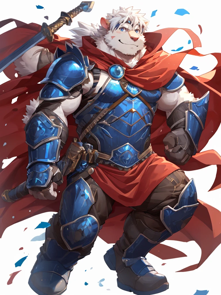 anthro, kemono, male, solo, ((oval face, very handsome face, thick beard)), ((endomorph body type, old-aged)), (high quality, highres, masterpiece), (dynamic lighting, vivid color), (generous smile), cartoon, (((a furry sheep))), (((white fur))), (((shoulder long silky white hair))), (((handsome, slim fit, small face, ikemen))), paladin, (((white sheep))), ((dark blue armor with red cape)), full body, tall, (((white smooth hair))), sword and shield, mature, dad, full armor, by zixiong, by takemoto arashi, by zixiong, (by null-ghost:0.8), (by t.y.stars:0.4)