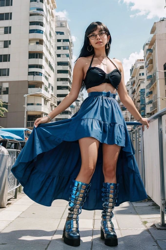 BRAZILIAN woman wearing a BLUE vinyl halter top dress. Black hair, light curled, short straight Bangs. white large hair Band . Metallic makeup. Brown eyes, giant round glasses, , happy, film photo, varanda de apartamento, bairro de copacabana background, dof, , posing vintage 1970 aesthetics, over the knee white boots, mod