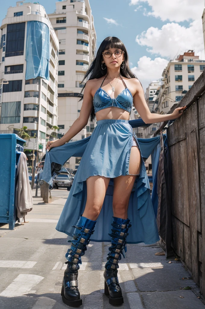 BRAZILIAN woman wearing a BLUE vinyl halter top dress. Black hair, light curled, short straight Bangs. white large hair Band . Metallic makeup. Brown eyes, giant round glasses, , happy, film photo, varanda de apartamento, bairro de copacabana background, dof, , posing vintage 1970 aesthetics, over the knee white boots, mod