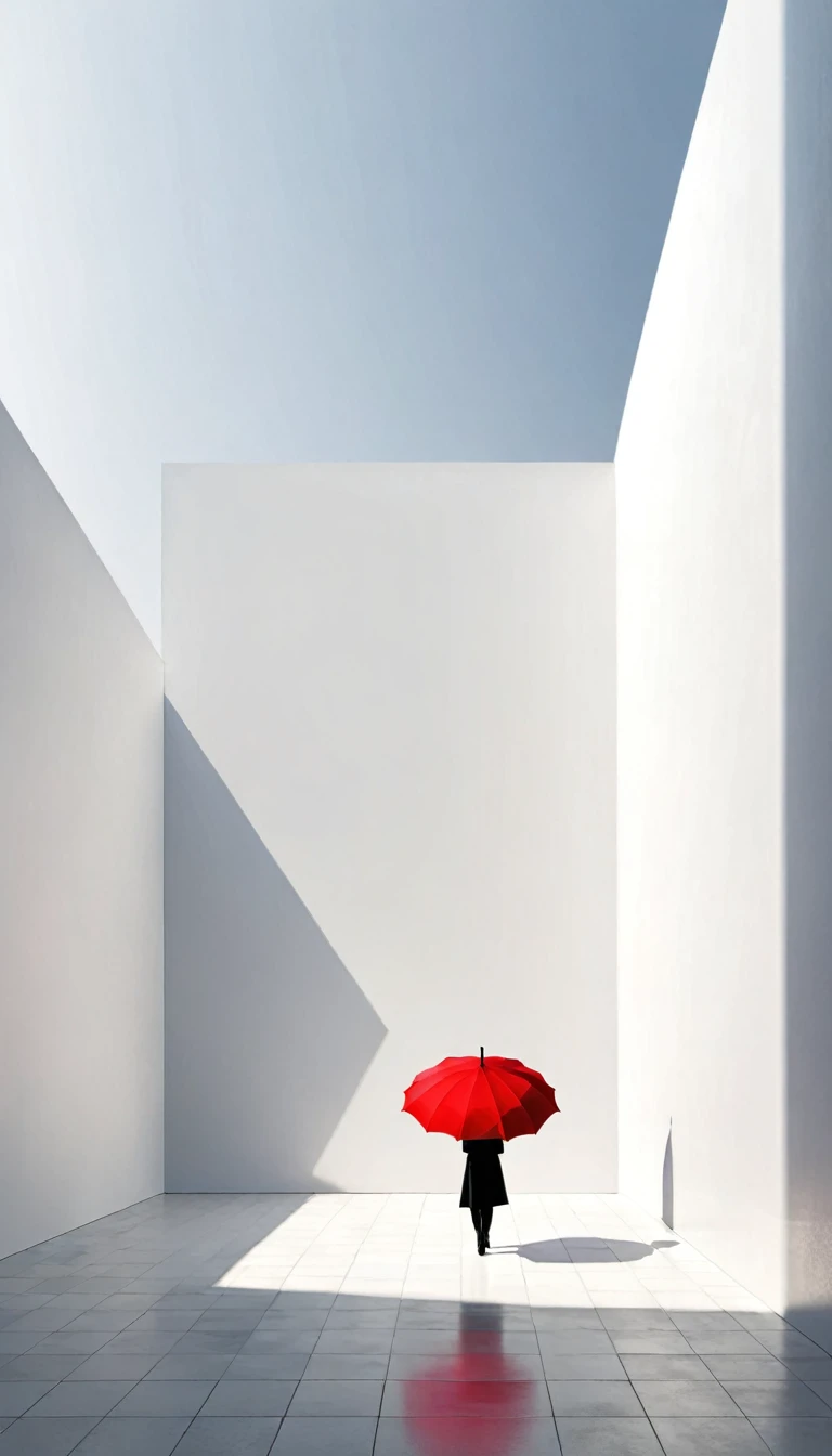 simple,Minimalist illustration,geometry,cube,Light and Shadow,One red umbrella,solitary figure,Lots of white space,perspective