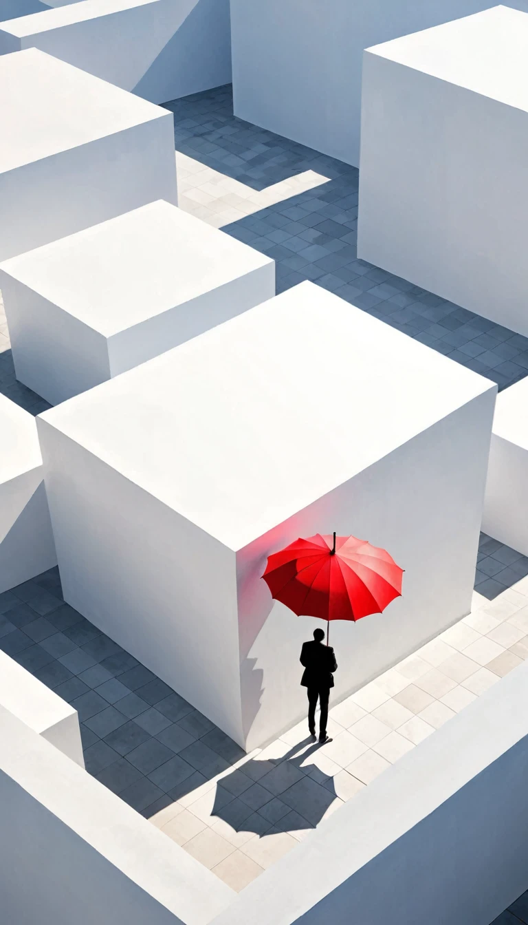simple，Minimalist illustration，geometry，cube，Light and Shadow，One red umbrella，solitary figure，Lots of white space，perspective