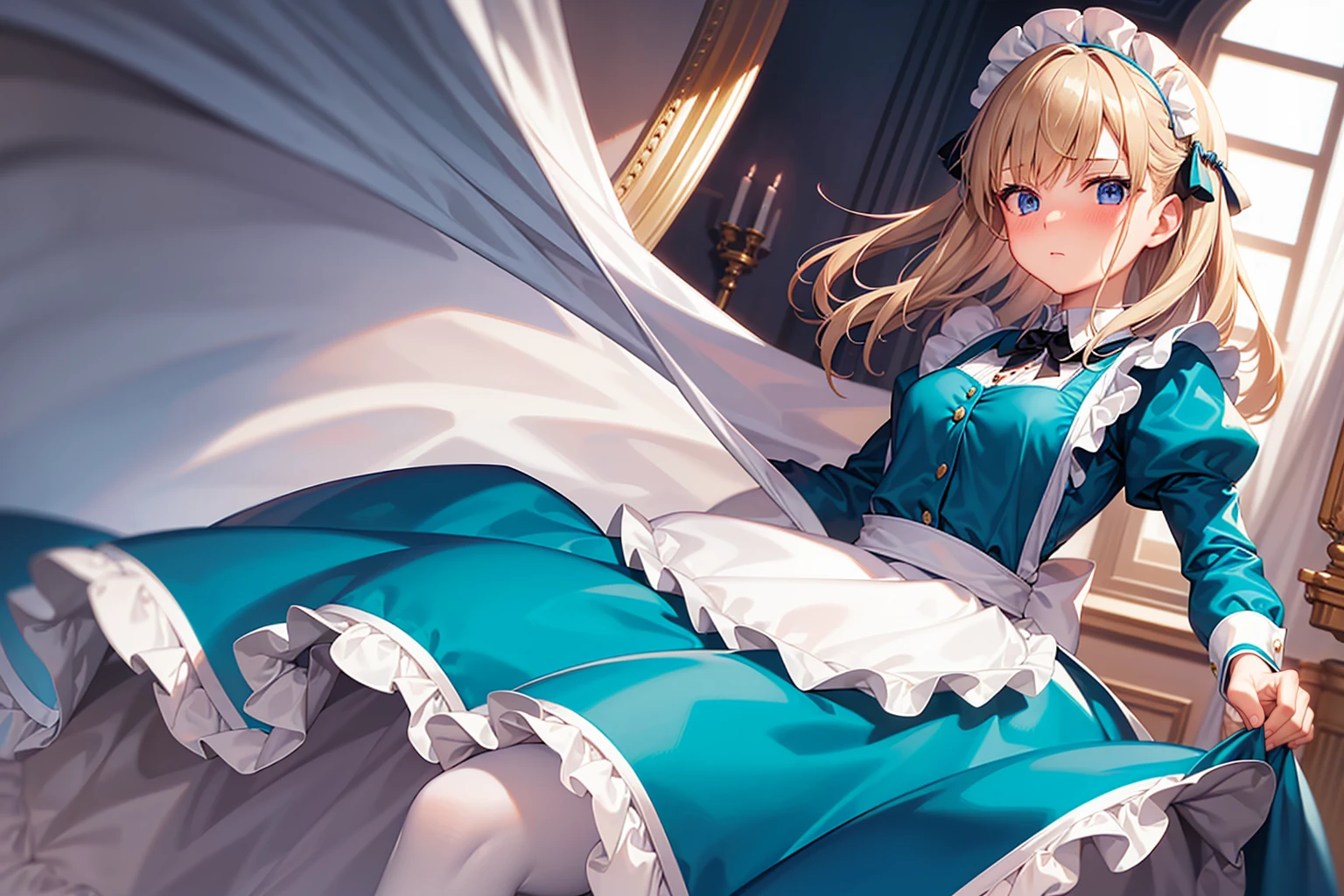 masterpiece, best quality,1girl, solo,whtie hair,medium hair,blue eyes,long sleeves,juliet sleeves,apron,maid,maid headdress,puffy sleeves,green dress,vest,buttons, white thighhighs,standing, looking at viewer, nose blush,