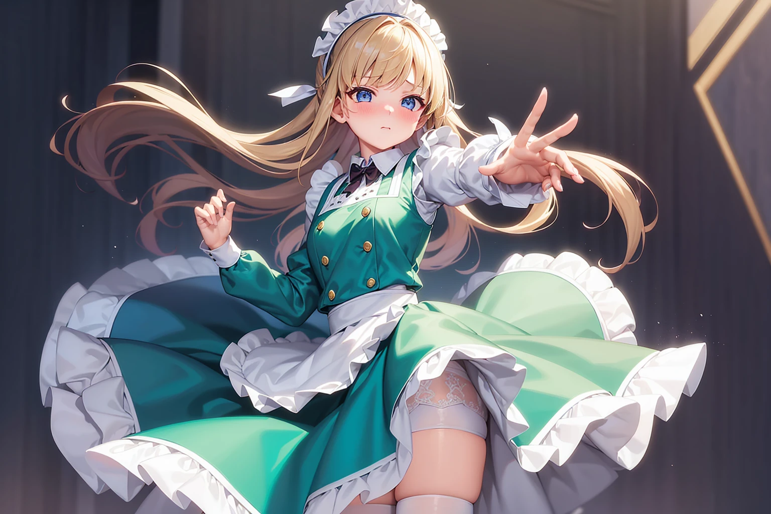 masterpiece, best quality,1girl, solo,whtie hair,medium hair,blue eyes,long sleeves,juliet sleeves,apron,maid,maid headdress,puffy sleeves,green dress,vest,buttons, white thighhighs,standing, looking at viewer, nose blush,