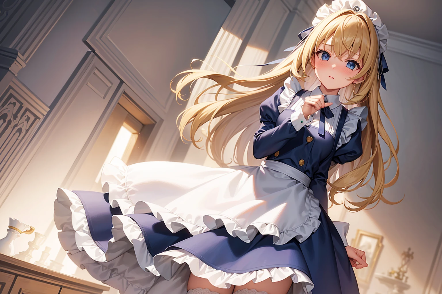 masterpiece, best quality,1girl, solo,whtie hair,medium hair,blue eyes,long sleeves,juliet sleeves,apron,maid,maid headdress,puffy sleeves,green dress,vest,buttons, white thighhighs,standing, looking at viewer, nose blush,