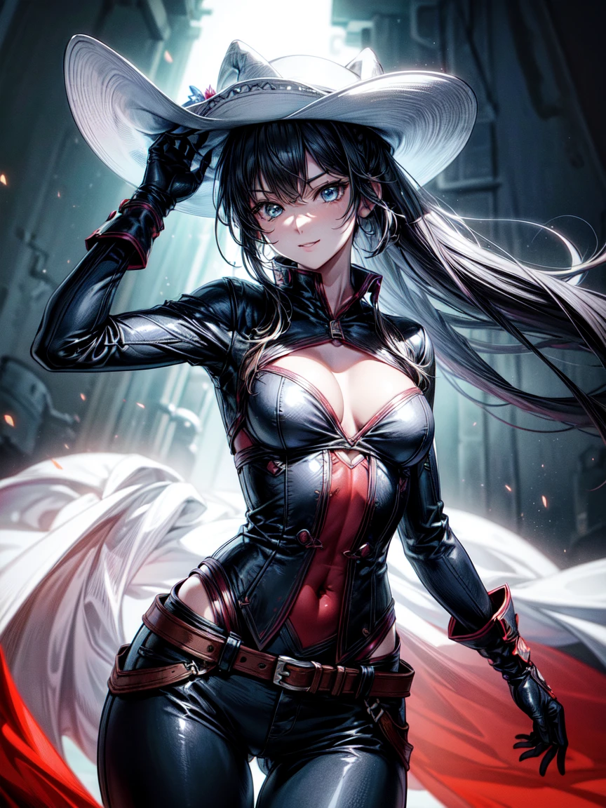 (cowboy shot, maximum quality,),8K,sensuous, superpoder,ilm,flat colour: 0.8, dynamic angle, 1 girl, ssmile,slenderbody