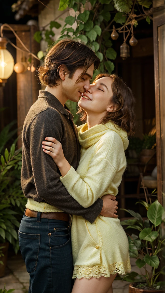 A couple embracing warmly, surrounded by subtle, glowing lanterns, medium of vibrant, dreamy digital art, detailed description of soft, feathery light dancing across their entwined faces, aesthetics of intimacy and tenderness, warm golden hues and deep blues, evoking a sense of comfort and security, with whispers of lush greenery in the background, hinting at growth and harmony, additional details of delicate, lace-like tendrils curling around the edges, symbolizing the gentle, possessive grip of love, as if the very environment itself is embracing the pair, affirming the beauty of a little healthy jealousy.
