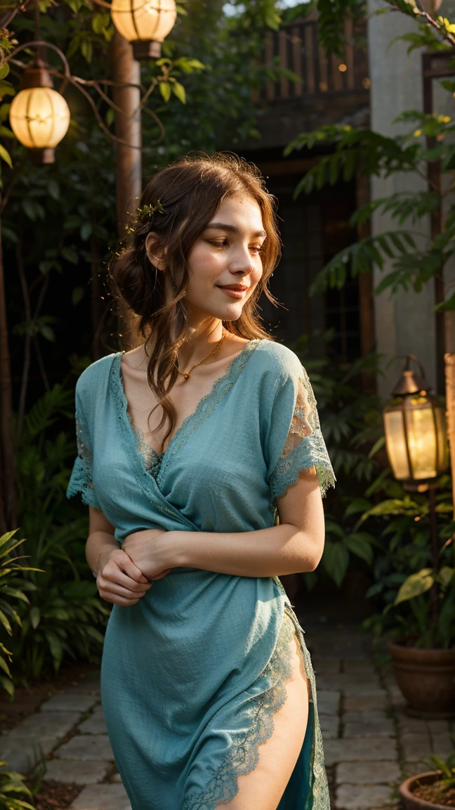 1girl in, 25 years old, Square face, Long hair, fat body, Looking at viewer, jewelry, Realistic, Sexy, nightgown outfit, colorful outfit, Background of grasslands and mountain peaks, posture sit