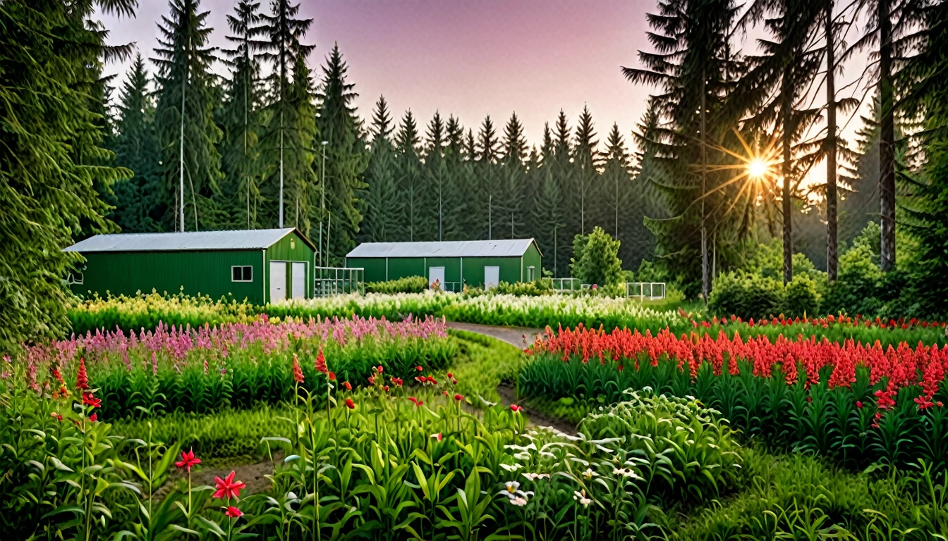 A high-quality photograph of a secluded small production facility located within a lush, green forest. The forest is filled with a vibrant array of thick trees, the production facility is surrounded by a flower field, creating a striking contrast against the green foliage. The flowers are divided into two sections one red another white flower and is diveded by a green meadow pathway, which leads directly to the facility. Surrounding the small building is a wire fence with a clear "No Trespassing" sign, adding an air of exclusivity. Various trucks and transport vehicles are parked nearby, hinting at the facility's industrial purpose. The setting sun casts a warm, golden glow across the scene, while the cinematic lighting enhances the ultra-realistic atmosphere, (masterpiece, best quality:1.2), Forest, dark forest,
