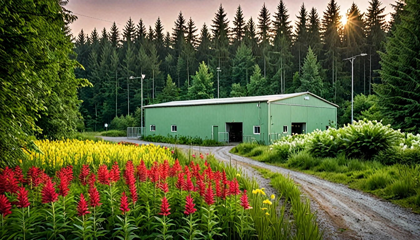 A high-quality photograph of a secluded small production facility located within a lush, green forest. The forest is filled with a vibrant array of thick trees, the production facility is surrounded by a flower field, creating a striking contrast against the green foliage. The flowers are divided into two sections one red another white flower and is diveded by a green meadow pathway, which leads directly to the facility. Surrounding the small building is a wire fence with a clear "No Trespassing" sign, adding an air of exclusivity. Various trucks and transport vehicles are parked nearby, hinting at the facility's industrial purpose. The setting sun casts a warm, golden glow across the scene, while the cinematic lighting enhances the ultra-realistic atmosphere, (masterpiece, best quality:1.2), Forest, dark forest,
