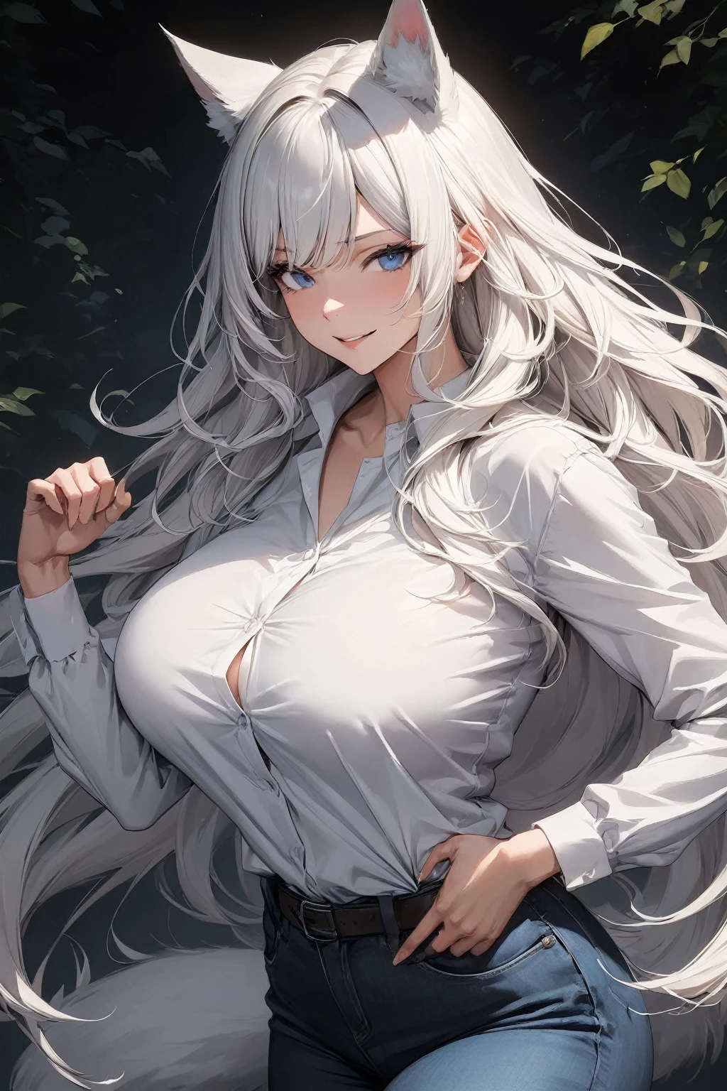 Masterpiece, Super high-quality computer graphics, Best quality, perfect image, beautiful eye details, very detailed, ultra detailed, one, (1 woman), She is in a shirt and jeans, in a fight pose, super mature, tall, mom, mature mother, super long hair, bright white hair and bangs on the sides, white wolf ears and white wolf tail, beautiful, charming, bright blue eyes, elegant, big breasts (huge), kind smile, charming, dark background, daring atmosphere against the background of nature and forest.
