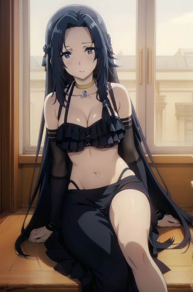 blue hair(absurdres, highres, ultra detailed, masterpiece, best quality), (detailed background), (beautiful detailed face), high contrast, (best illumination, an extremely delicate and beautiful), ((cinematic light)), dramatic light, hyper detail, intricate details, BREAK (1girl, woman, solo, closed eyes, embarrassed, sexy, gorgeous, elegant, (nsfw:1.2, nude), medium breasts, (bdsm, bondage:1.2), arms up), BREAK (long ponytail hair,, long hair, straight hair, , dark lips, makeup, puffy lips, parted lips), BREAK standing, tied with leather straps, tied to pole, pants pull, shirt lift, latex, torn clothes, choker, BREAK looking away, cowboy shot, BREAK indoors, concrete wall, dark room, cage, wooden floor, dark room,