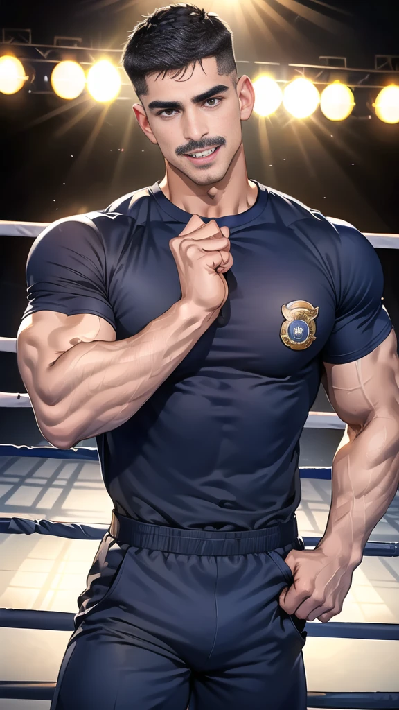 (handsome Man),(Thin mustache:1.1),(crew cut short hair:1.5),black eye,
(navy blue tight-fitting round neck short sleeve T-shirt:1.3),(Police badge:1.3),navy blue cargo pants,(navy_gloves:1,3),(navy_backpack:1.3),(sunglasses:1.3),
Korean guy,chest muscles,large arm muscles,blood vessel,Big muscles,Broad shoulders,(open mouth:1.2),(face up:1.2),(open eyes:1.5),middle of the road,smile,(boxing ring:1.4),