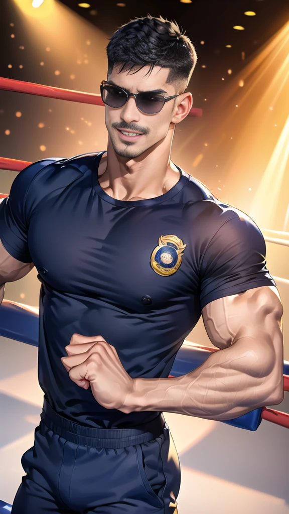 (handsome Man),(Thin mustache:1.1),(crew cut short hair:1.5),black eye,
(navy blue tight-fitting round neck short sleeve T-shirt:1.3),(Police badge:1.3),navy blue cargo pants,(navy_gloves:1,3),(navy_backpack:1.3),(sunglasses:1.3),
Korean guy,chest muscles,large arm muscles,blood vessel,Big muscles,Broad shoulders,(open mouth:1.2),(face up:1.2),(open eyes:1.5),middle of the road,smile,(boxing ring:1.4),
