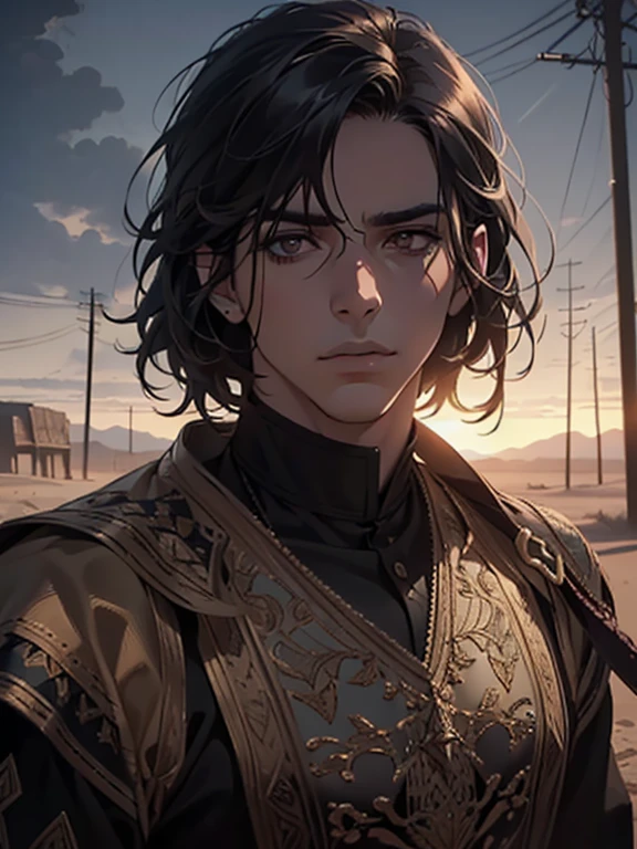 a tall, muscular, handsome adult man, detailed eyes and face, short black hair, brown eyes, Middle Eastern clothing, in a desert setting, starting on an adventure, (best quality,4k,8k,highres,masterpiece:1.2),ultra-detailed,(realistic,photorealistic,photo-realistic:1.37),dramatic lighting,moody atmosphere,epic fantasy scene,cinematic composition