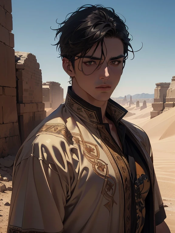 a tall, muscular, handsome adult man, detailed eyes and face, short black hair, brown eyes, Middle Eastern clothing, in a desert setting, starting on an adventure, (best quality,4k,8k,highres,masterpiece:1.2),ultra-detailed,(realistic,photorealistic,photo-realistic:1.37),dramatic lighting,moody atmosphere,epic fantasy scene,cinematic composition