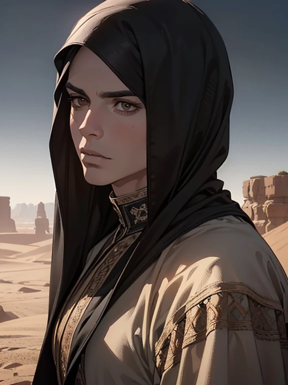 a tall, muscular, handsome adult man, detailed eyes and face, short black hair, brown eyes, Middle Eastern clothing, in a desert setting, starting on an adventure, (best quality,4k,8k,highres,masterpiece:1.2),ultra-detailed,(realistic,photorealistic,photo-realistic:1.37),dramatic lighting,moody atmosphere,epic fantasy scene,cinematic composition