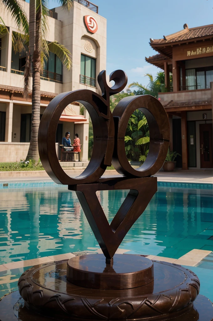 Sculpture of the Indonesian bank symbol of love, BI letter form, 8m high, bronze color, batik carving, pool and office building background, realistic 3d
