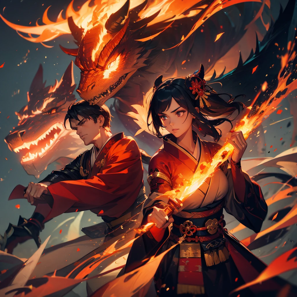 geisha and samurai, fire, epic, fantasy, dragon