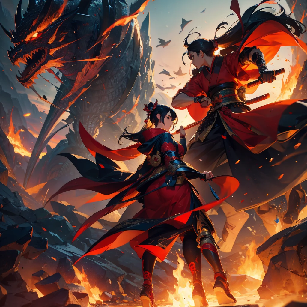 geisha and samurai, fire, epic, fantasy, dragon