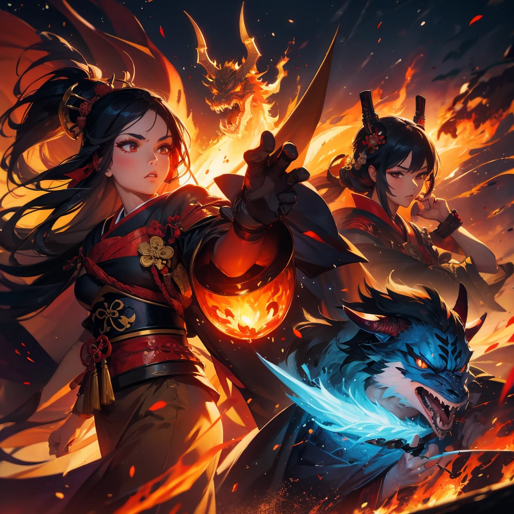geisha and samurai, fire, epic, fantasy, dragon