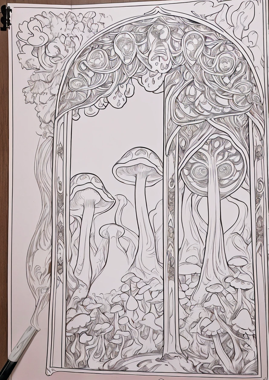 Masterpiece, monochrome draw, Intricate line art of a magical forest entrance, ornate gateway, glowing mushrooms, black and white illustration, coloring book style, whit background, detailed pen drawing, high contrast, clean lines, suitable for coloring, no shading, vector-like, easy to color