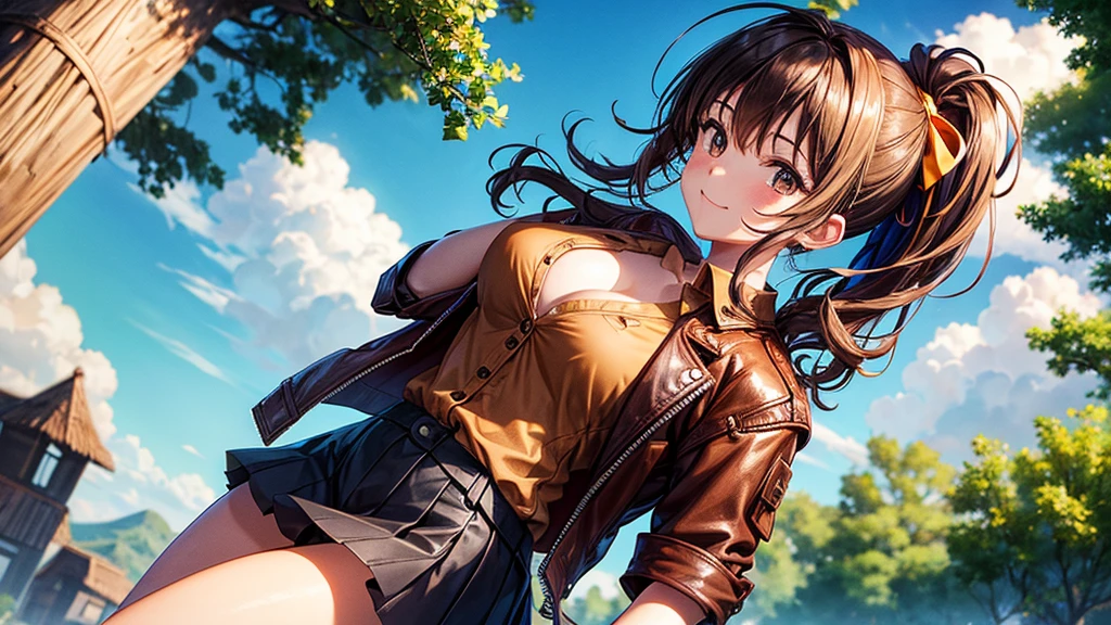 1girl, solo, full body, summer, village, trees, sun, clouds, ((colorful hair)), curly hair, ponytail, large full breasts, ((brown leather jacket)), button down shirt, ((blue shirt)), ((short sleeved shirt)), ((unbuttoned shirt)), unbuttoning buttons, cleavage 1:3, brown eyes, skirt, smile, looking at the viewer, standing, hair ribbon, golden necklate