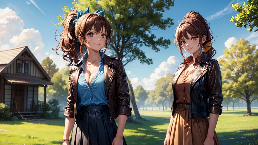 1girl, solo, full body, summer, village, trees, sun, clouds, ((colorful hair)), curly hair, ponytail, large full breasts, ((brown leather jacket)), button down shirt, ((blue shirt)), ((short sleeved shirt)), ((unbuttoned shirt)), unbuttoning buttons, cleavage 1:3, brown eyes, skirt, smile, looking at the viewer, standing, hair ribbon, golden necklate