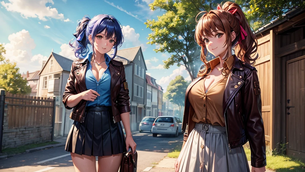 1girl, solo, full body, summer, village, trees, sun, clouds, ((colorful hair)), curly hair, ponytail, large full breasts, ((brown leather jacket)), button down shirt, ((blue shirt)), ((short sleeved shirt)), ((unbuttoned shirt)), unbuttoning buttons, cleavage 1:3, brown eyes, skirt, smile, looking at the viewer, standing, hair ribbon, golden necklate
