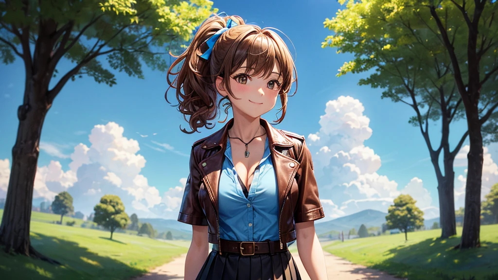 1girl, solo, full body, summer, village, trees, sun, clouds, ((colorful hair)), curly hair, ponytail, large full breasts, ((brown leather jacket)), button down shirt, ((blue shirt)), ((short sleeved shirt)), ((unbuttoned shirt)), unbuttoning buttons, cleavage 1:3, brown eyes, skirt, smile, looking at the viewer, standing, hair ribbon, golden necklate
