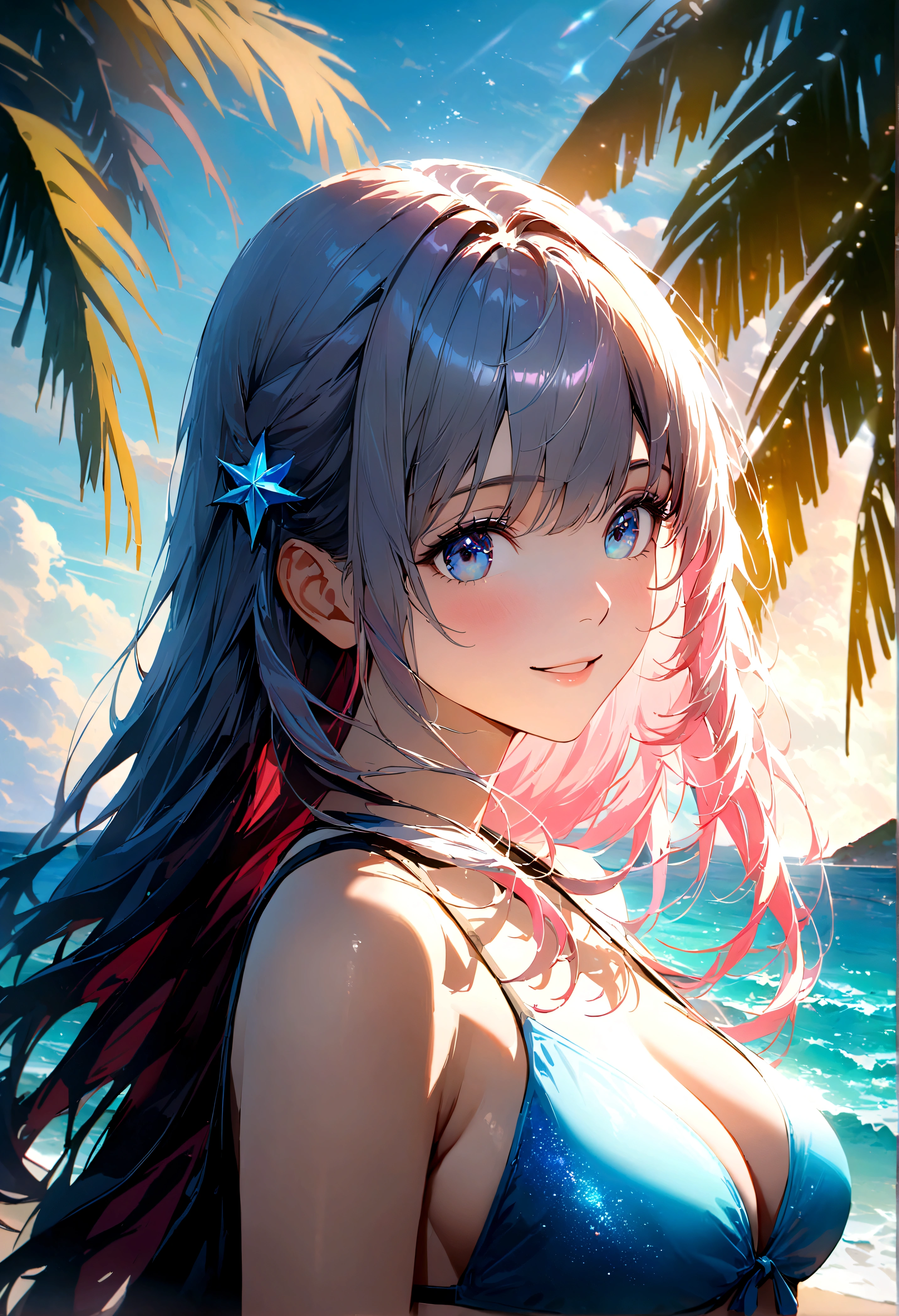 Sparkling sea and tropical ocean, Sunny sky with fluffy white clouds, Palm trees along the coast, Blur the background,Pleasant sea breeze,high school girl,Swimwear,Long Hair,smile,Glitter effect,Highest quality, 4K, 8K, High resolution, masterpiece:1.2, Very detailed, Realistic:1.37, High resolution, 超High resolution, Ultra-fine painting, Sharp focus, Physically Based Rendering, Very detailedな説明, Professional, Vibrant colors