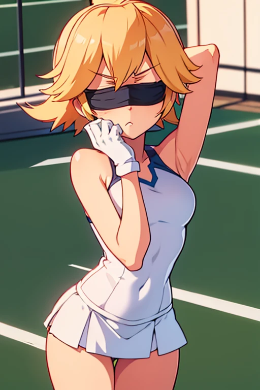 tennis girl wearing panty, gloved hands hidden behind head, blindfold
