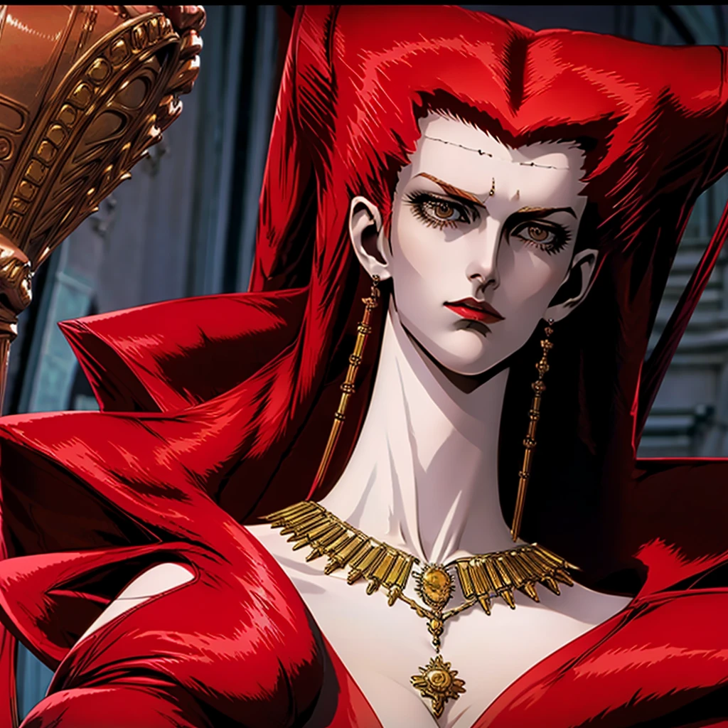 Naked,large breasts,looking at her side profile,beautiful face,long slender body,necklace,long dense curls of red hair,resurrected,vampire queen