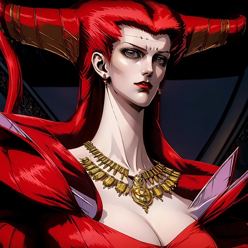 Naked,large breasts,looking at her side profile,beautiful face,long slender body,necklace,long dense curls of red hair,resurrected,vampire queen