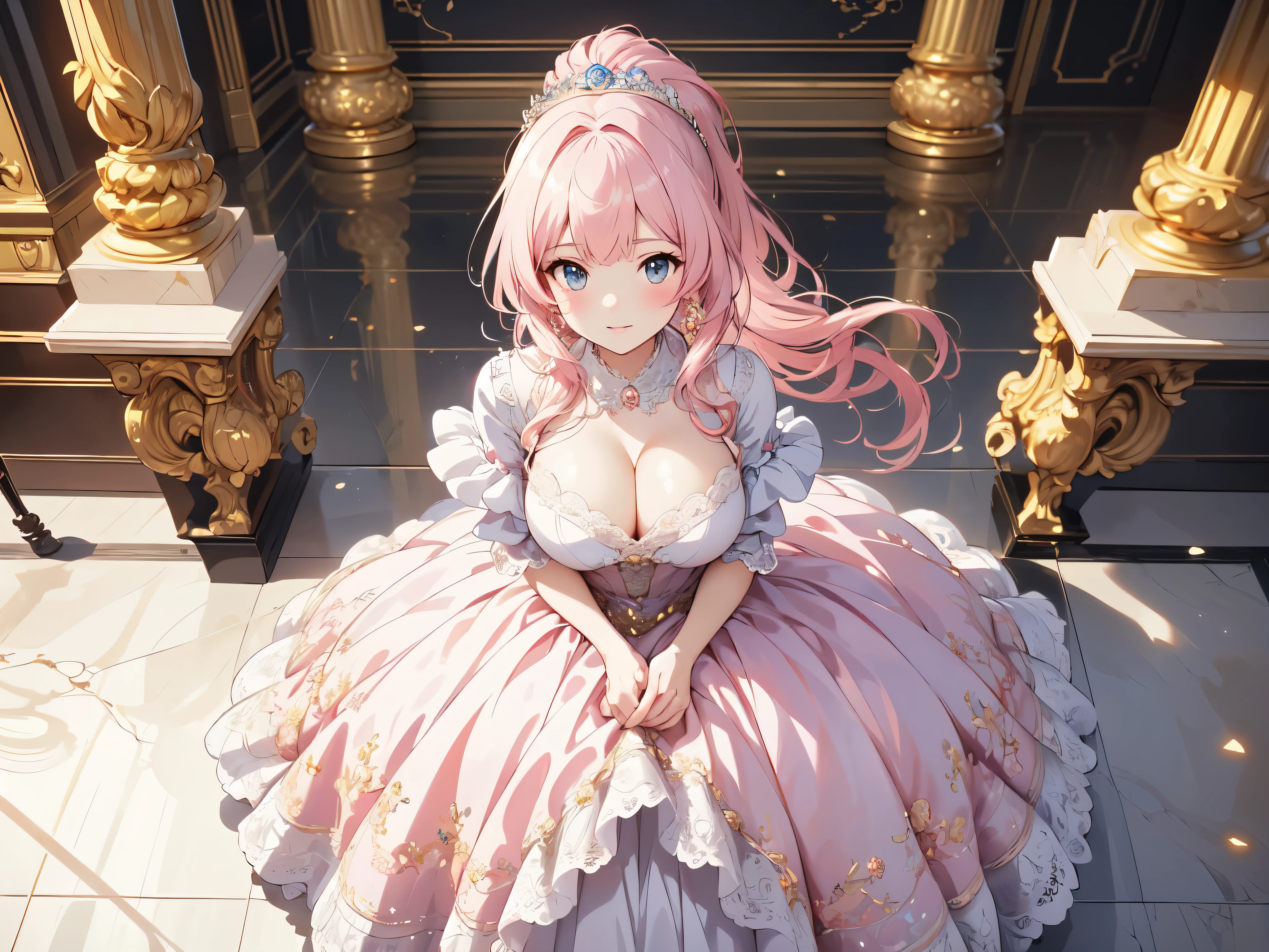 ((Moe anime art style:1.3)), (masterpiece), (((Highest quality))), (((High resolution))), (((unity 8k wallpaper))), (((ultra detailed))), (full body), (super detailed skin), BREAK ((looking up, from front, leaning forward, from above, curtsey)), (((Delicate and beautiful face))), A shy smile, (((A young-faced princess))) , Beautiful Eyes, (Faint lips:1.3), BREAK (((Pink Hair, shiny hair, Fluffy ponytail))), side braid, ((Curly Hair, Expressive hair, very voluminous long hair)), bangs, Pretty jeweled tiara, Crystal Earrings, BREAK ((Delicate lace material)), ((Transparent satin ball gown dress)), (((Rococo Victorian Ball Gown Dress))), (((crinoline))), ((Lavish embroidery)), ((Lace and ribbons used generously)), (((Big Breasts))), ((Emphasized breasts)), Sweat on the chest, BREAK (Beautiful and shiny marble floor), (Highly reflective floor)