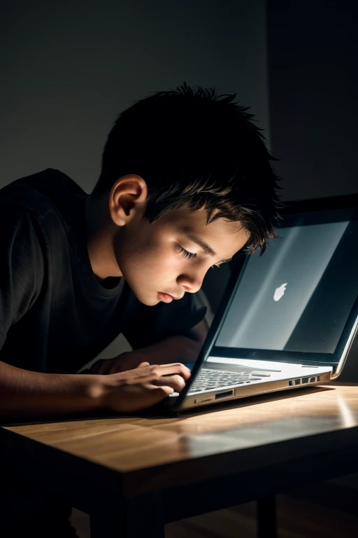 A boy head down on a stydy table with laptop and boy was sleep . The angel of boy is back side . Dark room and only the laptop's light comes .